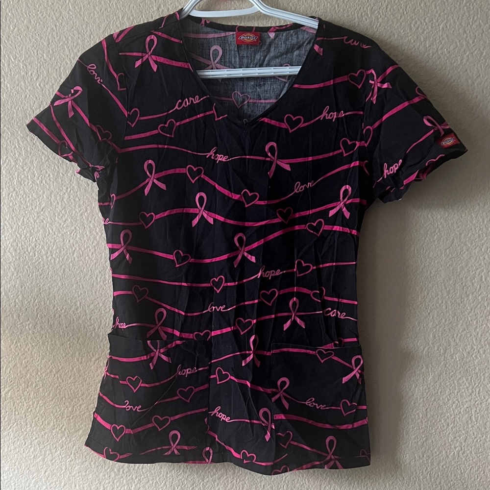 Dickies Black and Pink Ribbon Heart scrub top